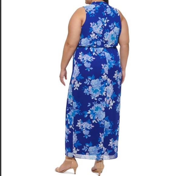 Jessica Howard Maxi Dress Floral Sleeveless‎ Slit Blue Plus Size 18W NEW - Picture 2 of 7